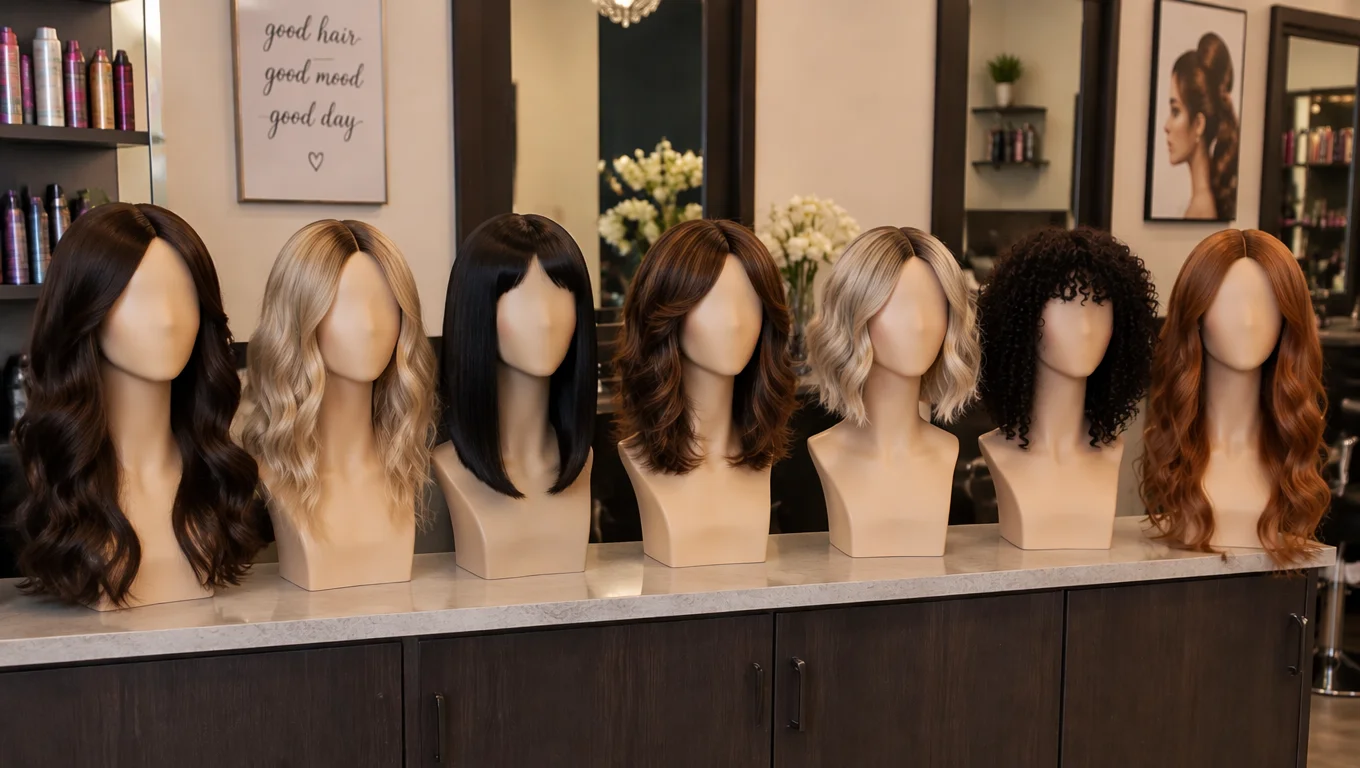 Six salon mannequins displaying different hair lengths and styles — from long waves to short bobs, showing options for every face shape