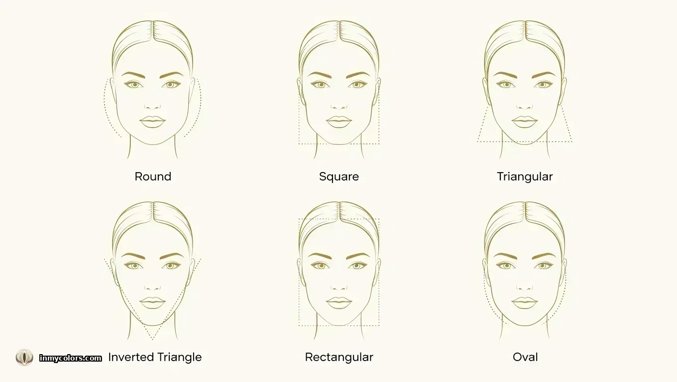 Six face shape illustrations in gold line art — round, square, oval, rectangular, triangular, inverted triangle with dotted guides