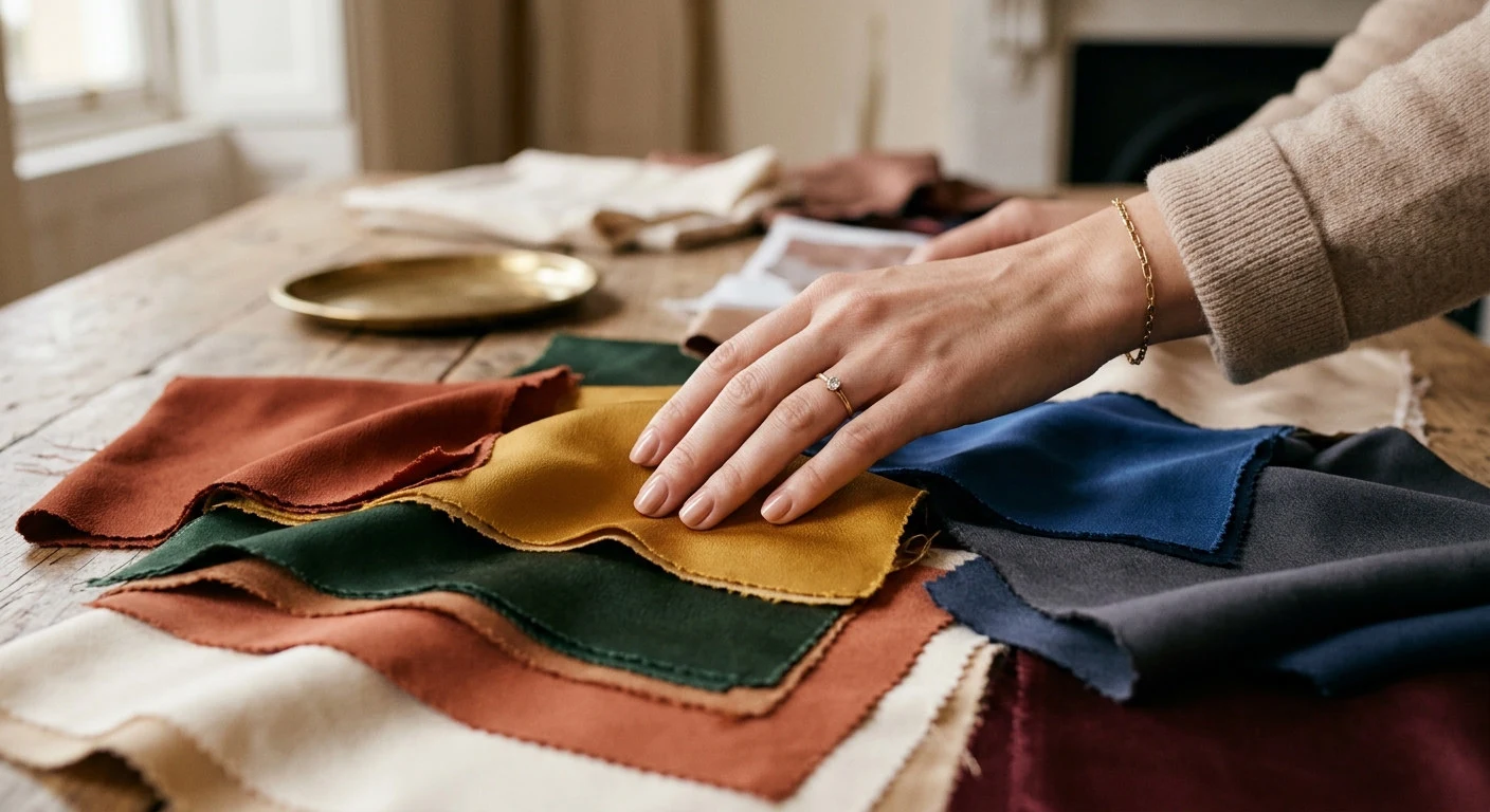 Discovering your colour season — hands sorting fabric colour swatches in terracotta, green, mustard, cobalt and charcoal on a wooden table