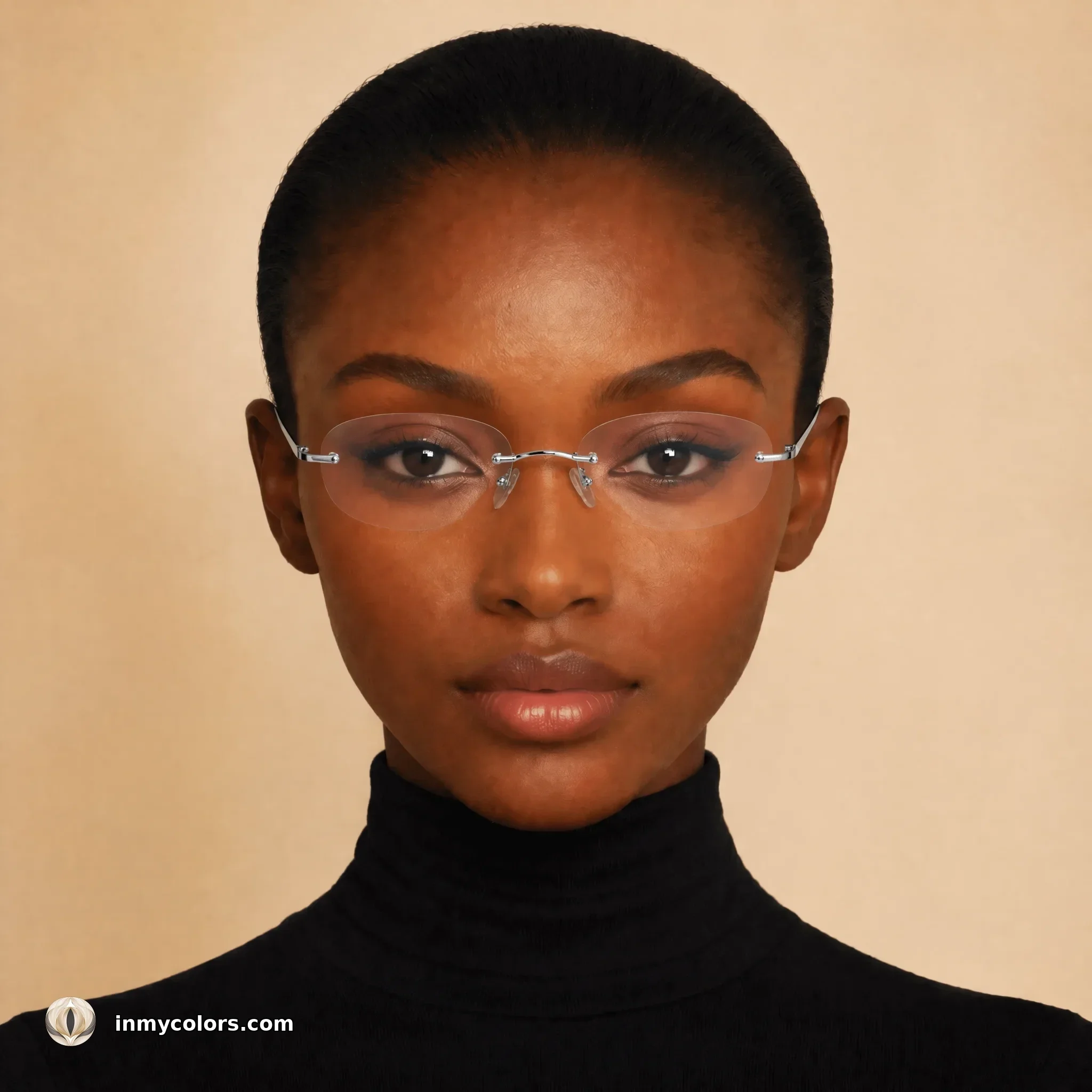 Inverted triangle face shape wearing rimless or lightweight frames — recommended choice