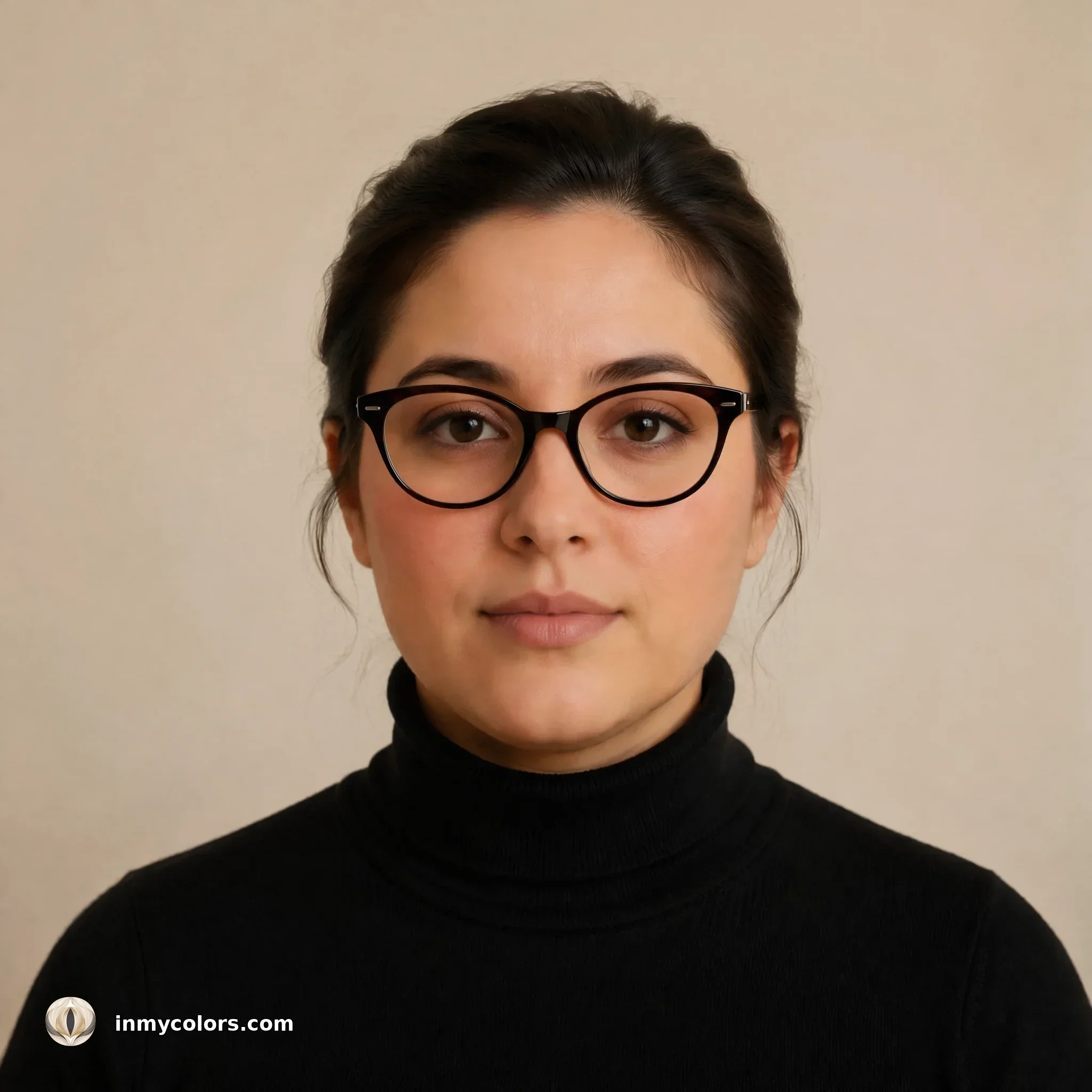 Round face shape wearing subtle cat-eye frames — recommended choice