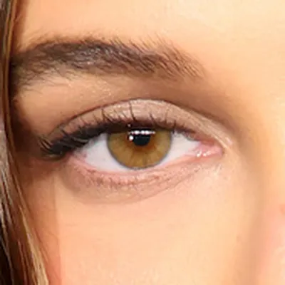 Hailey Bieber's eyes — warm hazel muted brown, Soft Autumn quality