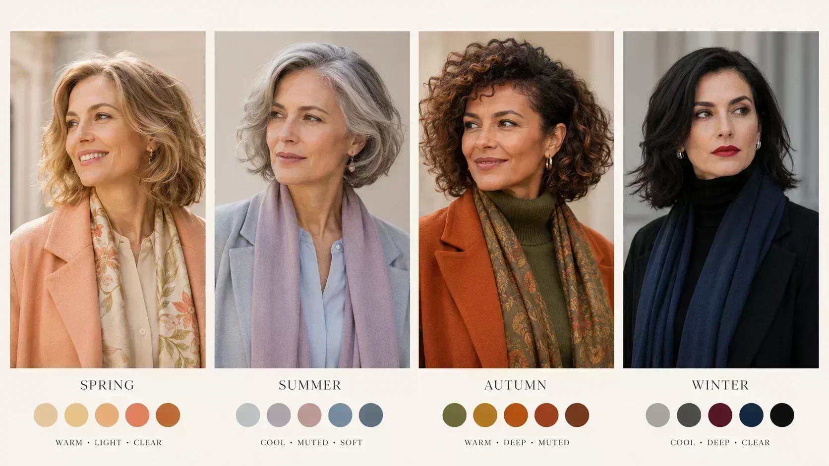 Four women with seasonal hair colours — Spring warm blonde, Summer cool ash, Autumn copper, Winter deep black with palette swatches