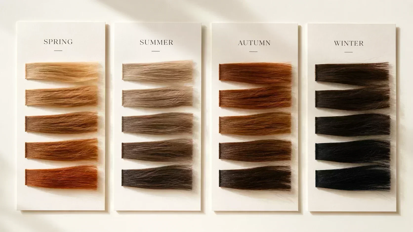 Hair colour swatch chart for all four seasons — warm golden Spring, cool ash Summer, rich auburn Autumn, deep Winter tones