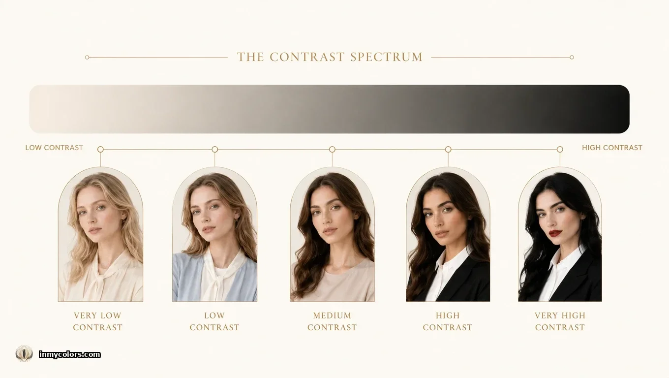 The Contrast Spectrum — five women from very low to very high natural colouring contrast, with a gradient bar and labels beneath each portrait