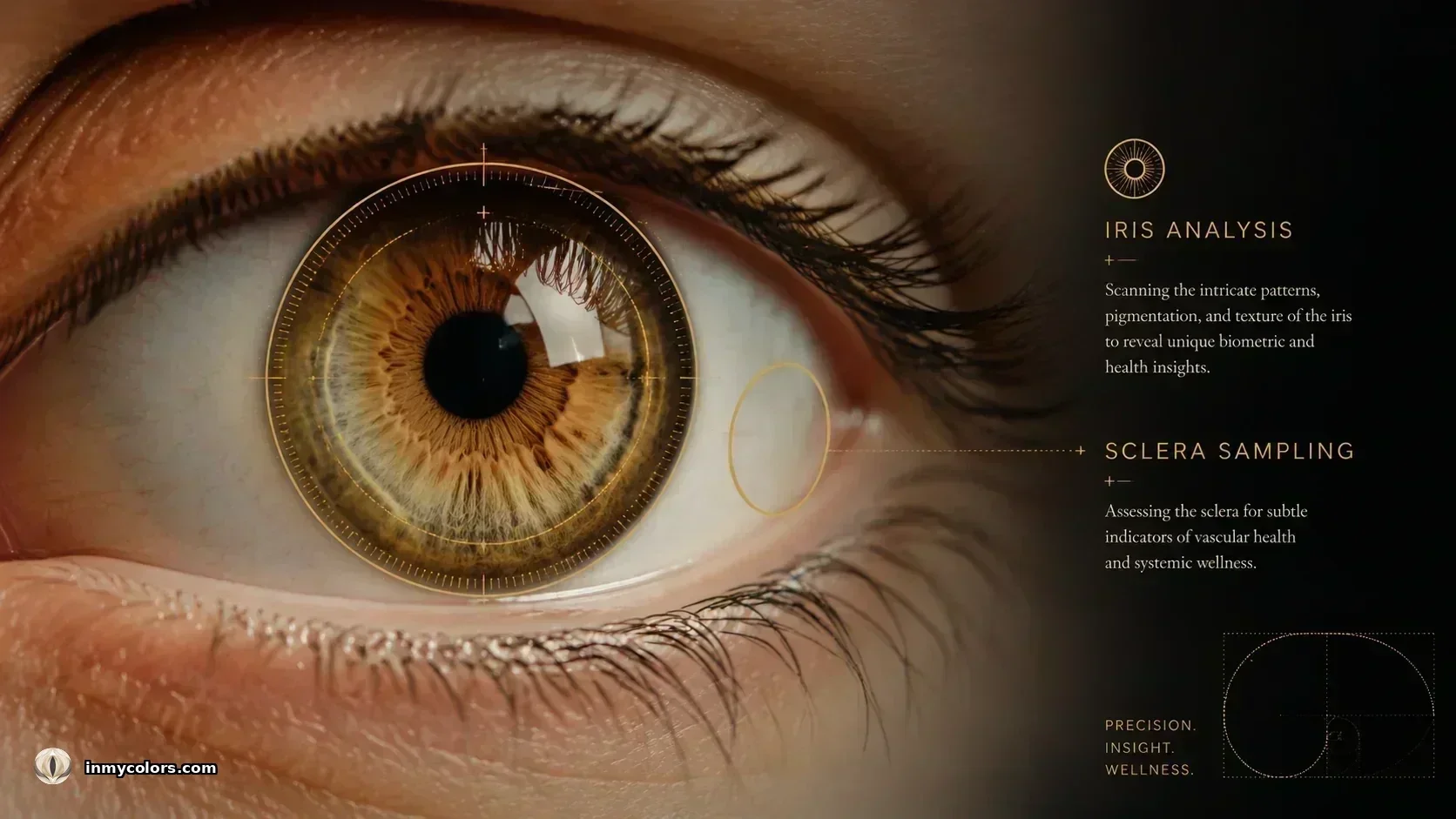 AI scanning iris and sclera with gold annotation circles marking colour sampling zones for colour analysis