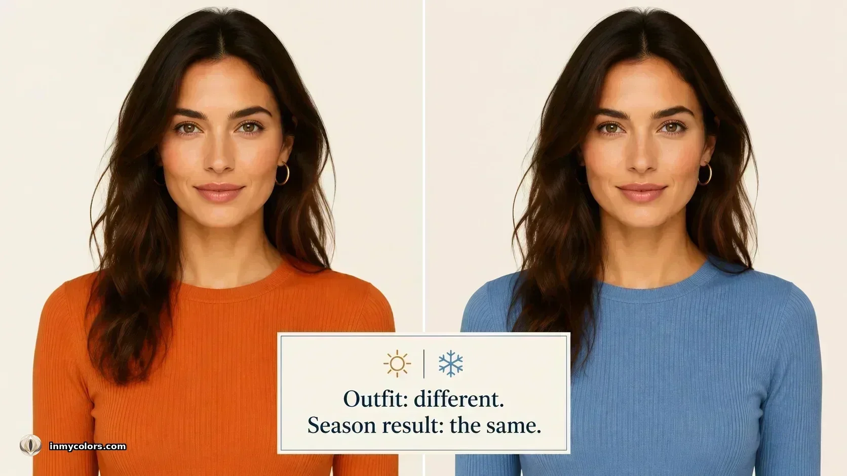 Same woman in warm orange and cool blue outfits showing clothing colour does not change colour analysis season result