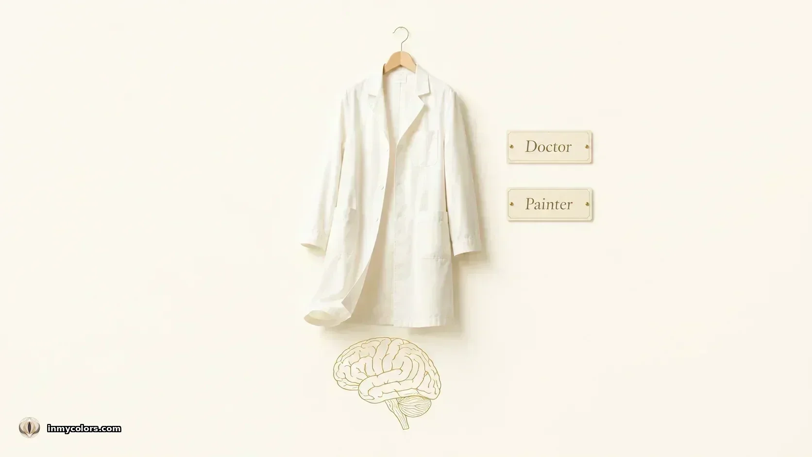 White lab coat labelled Doctor and Painter illustrating enclothed cognition — same garment, different mental effects