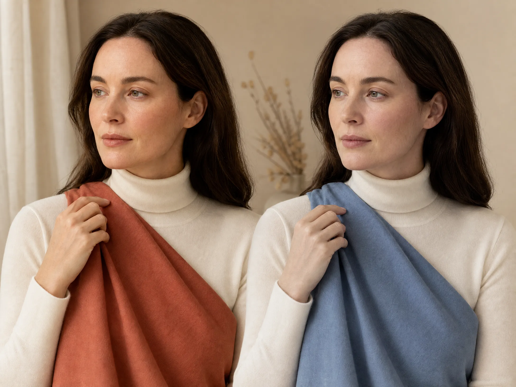 Left: harmonious warm swatch making the face glow; right: conflicting cool swatch making shadows deepen