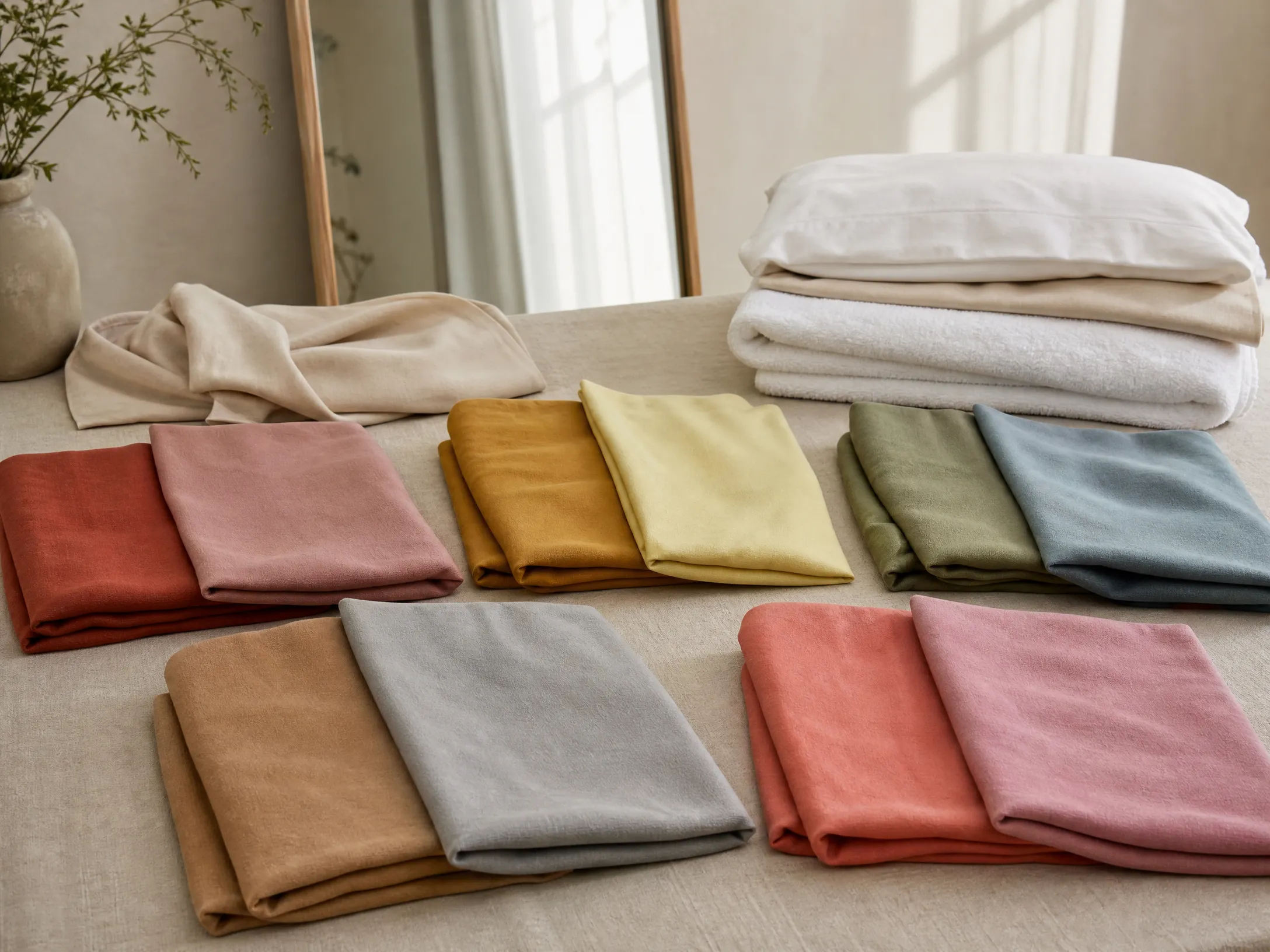 Drape test materials: warm and cool fabric pairs arranged on a cream surface with a small mirror