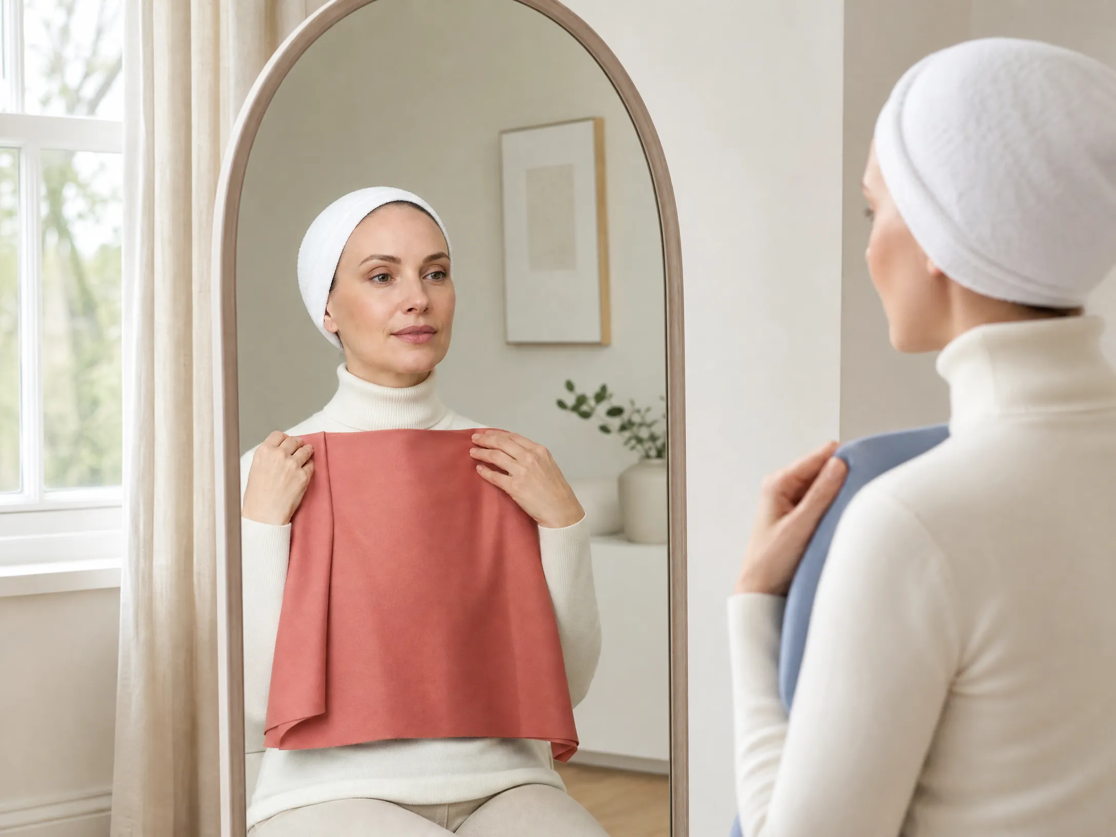 Correct draping setup: facing a window in indirect daylight, no makeup, hair back, white shoulders