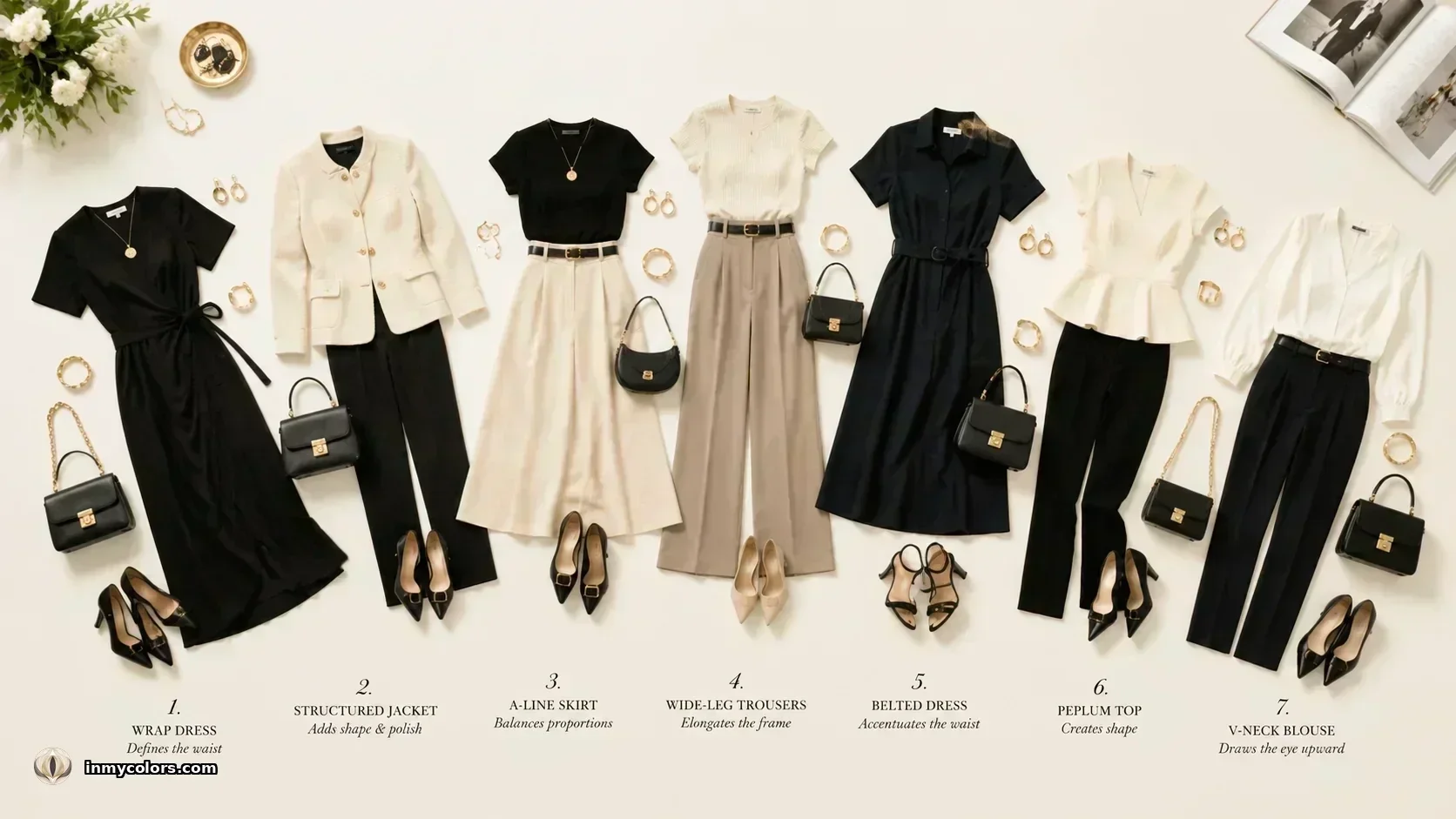 Outfit flatlay showing seven dressing strategies for female body shapes — wrap dress, structured jacket, A-line skirt, wide-leg trousers