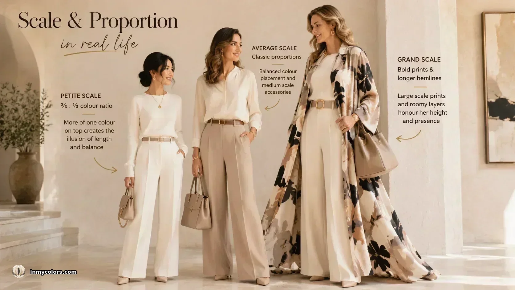 Three women showing petite, average, and grand scale in fashion with proportion and colour ratio annotations