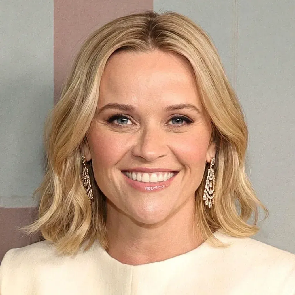 Reese Witherspoon with face shape annotations showing inverted triangle proportions