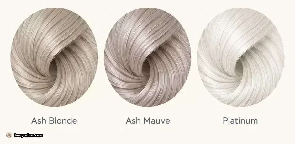 Hair colours to avoid for Light Spring season: ash blonde, cool brown, platinum, blue-black swatches