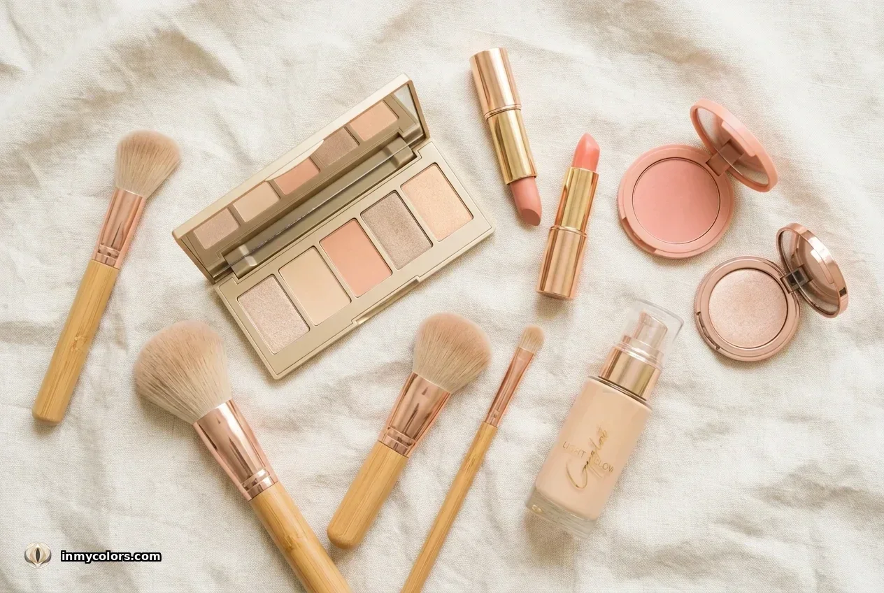 Light Spring makeup flatlay — soft eyeshadow palette in champagne and peach, blush-peach lipsticks, peach-pink blush compact, highlighter, light warm foundation, and bamboo brushes