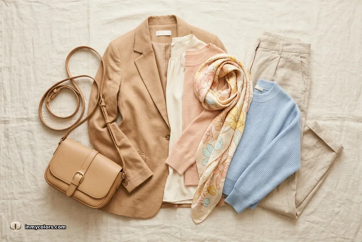 Light Spring wardrobe capsule flatlay — warm sand blazer, blush pink knit, ivory blouse, powder blue sweater, floral scarf in peach and aqua, light tan bag, and beige trousers