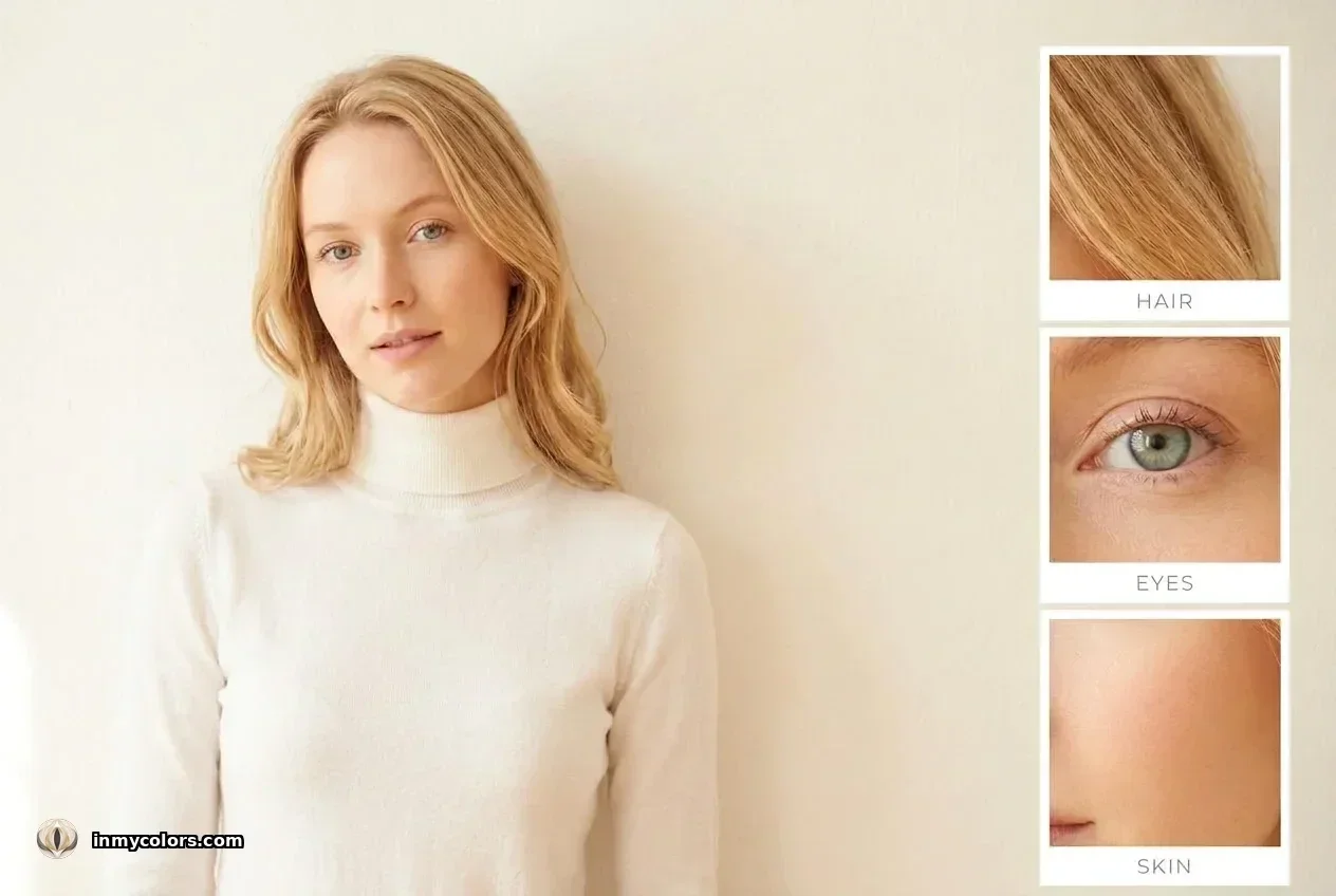 What makes a Light Spring — portrait of a fair warm-skinned woman with light golden blonde hair and soft blue-green eyes, with close-up panels showing hair, eyes, and skin