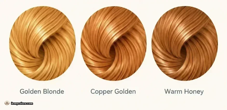 Hair colours to avoid for Light Summer season: golden highlights, warm auburn, warm brown swatches
