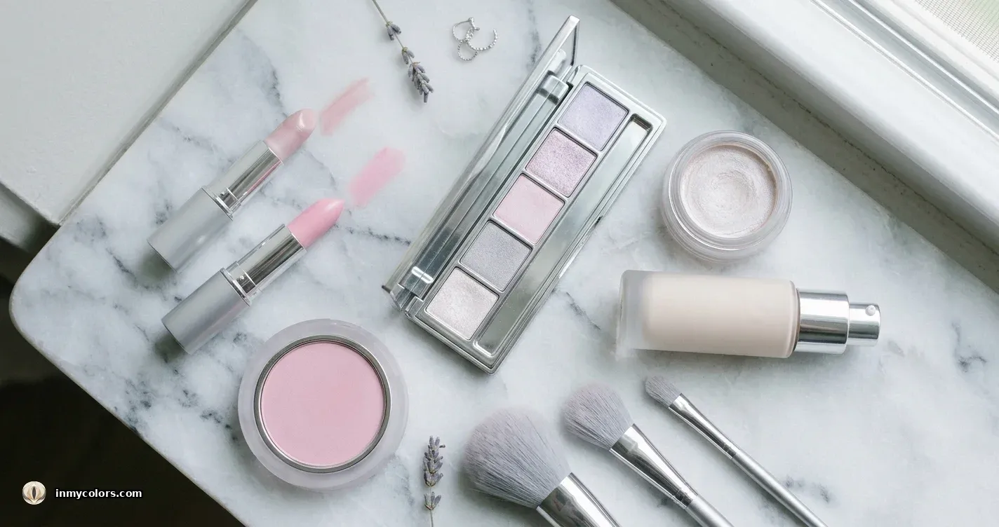Light Summer makeup products flatlay — whisper-pale eyeshadow palette in lavender and grey, soft pink lipsticks, pale cool blush, light cool foundation, and delicate brushes