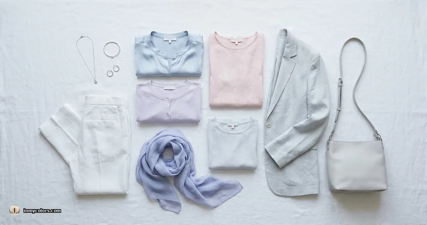 Light Summer wardrobe capsule flatlay — pale powder blue, soft blush, cool ivory, whisper lavender, and delicate cool-toned pieces in fine fabrics