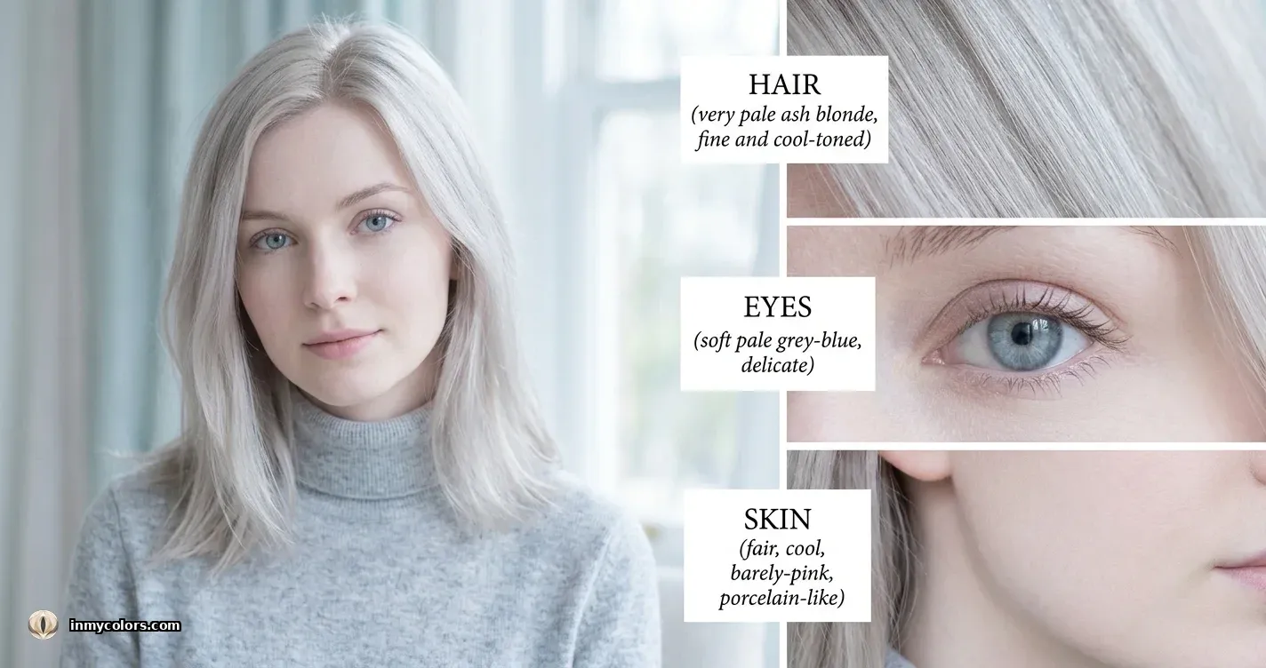 What makes a Light Summer — close-up portrait showing very fair cool skin, ash-toned light blonde hair, and pale blue or grey-green eyes with low contrast between features