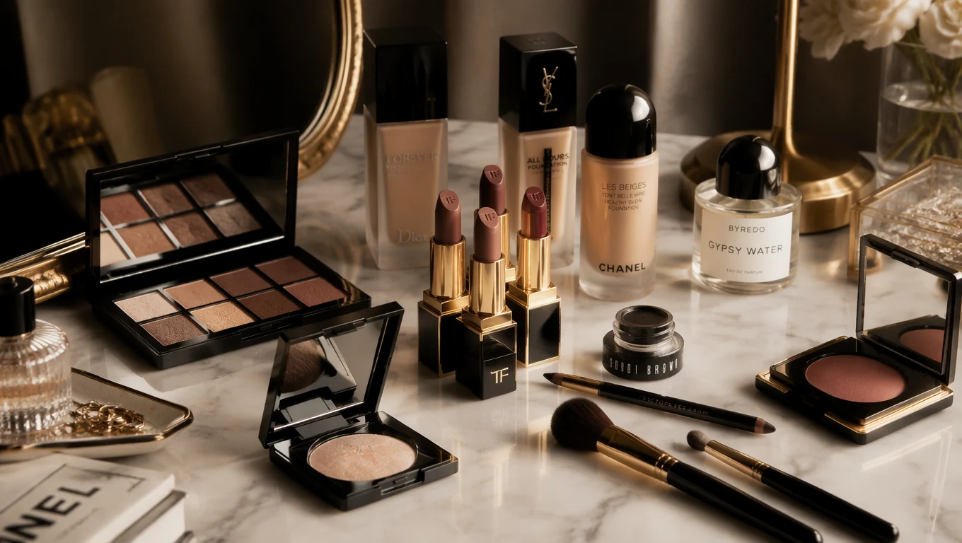 Luxury makeup flatlay — Tom Ford, Chanel, Dior and Bobbi Brown products on marble for seasonal colour makeup guide