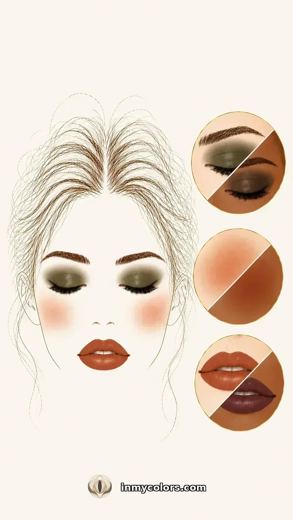 Deep Autumn makeup palette with warm bronze blush, deep cognac lip, rich copper and dark brown eyeshadow swatches