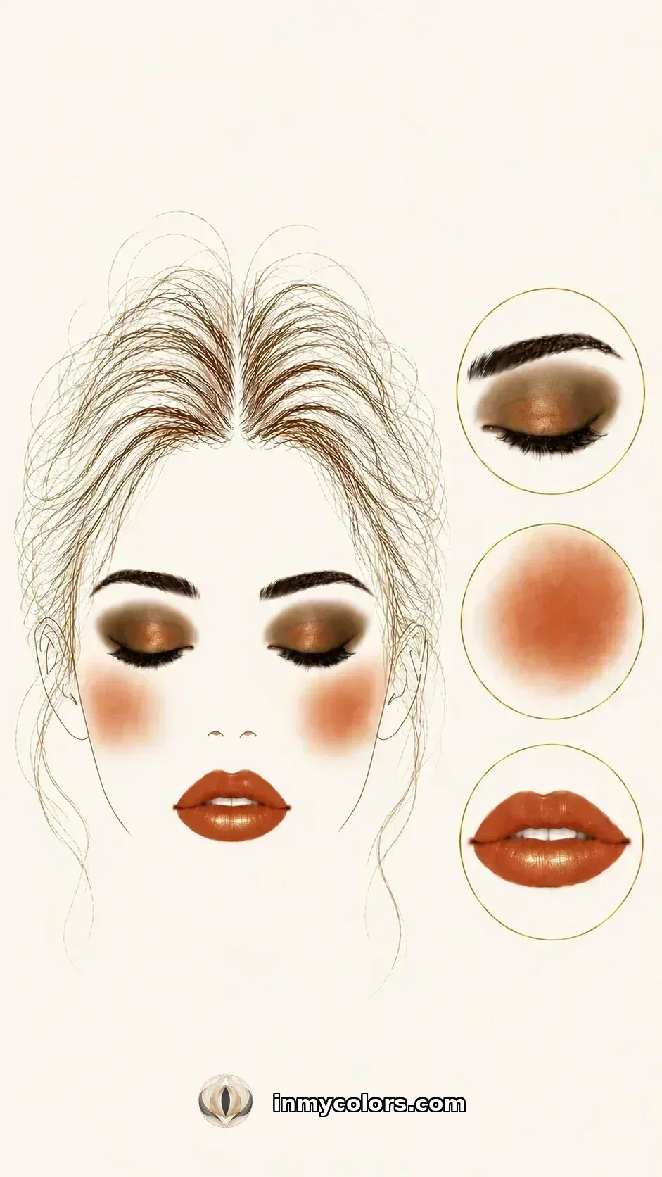 True Autumn makeup palette with terracotta blush, warm brick lip, bronze and copper eyeshadow swatches