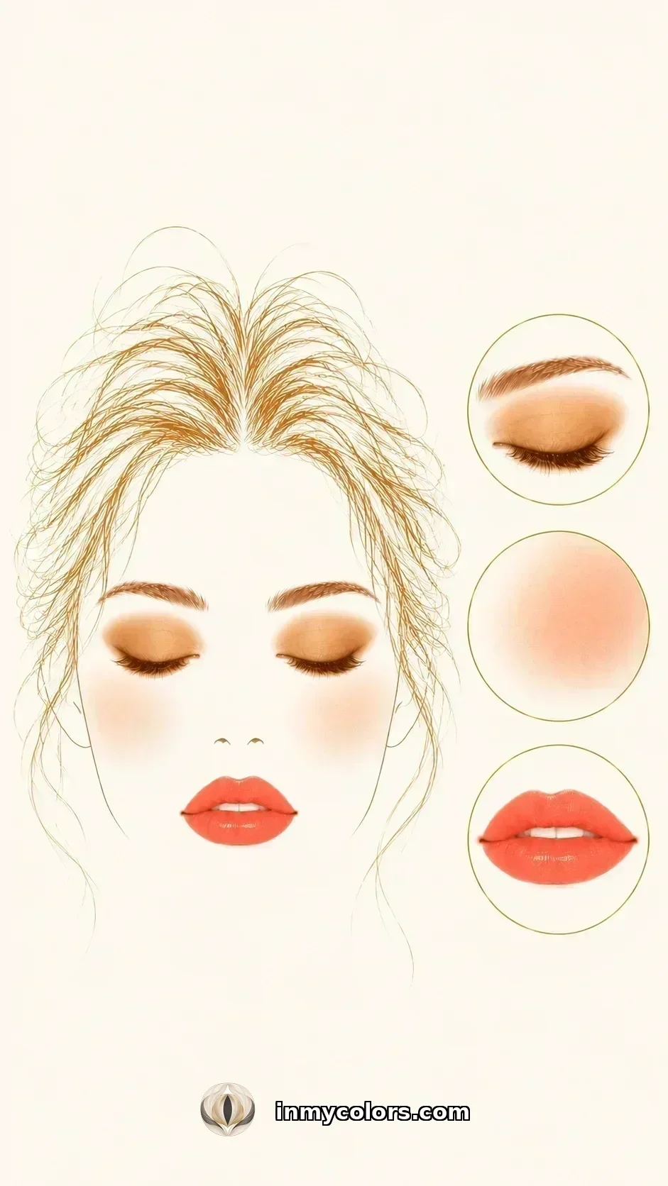 Bright Spring makeup palette with vivid coral blush, warm fuchsia lip, and bright warm eyeshadow swatches