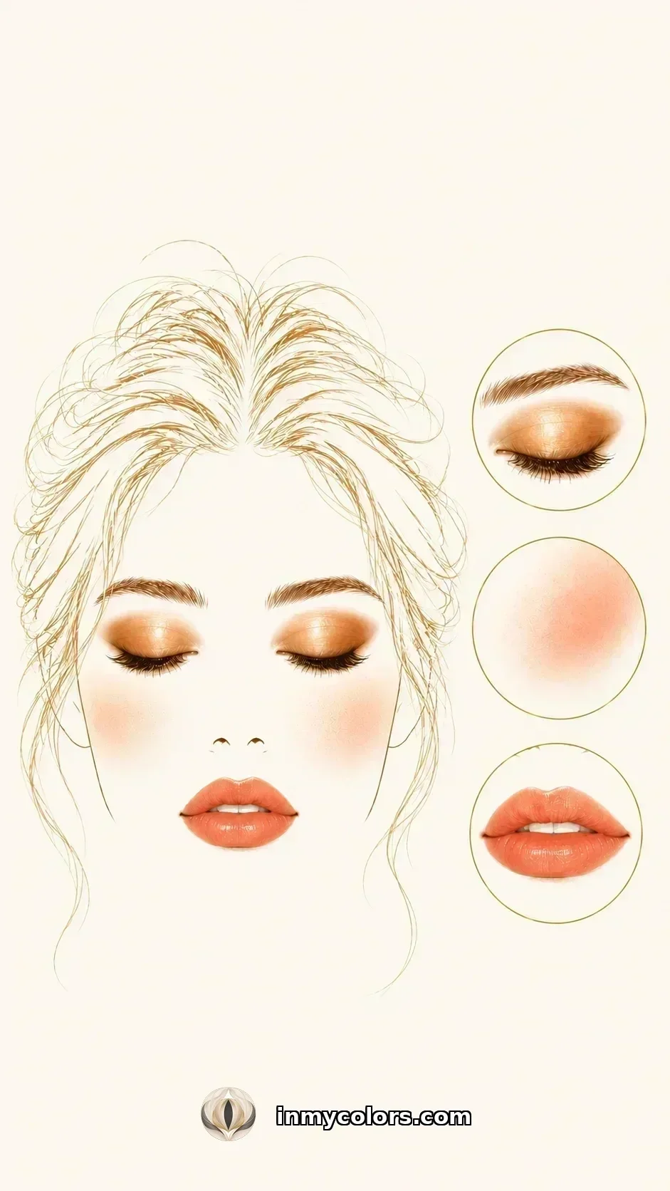 Light Spring makeup palette with soft peach blush, peachy nude lip, warm taupe eyeshadow, and natural mascara swatches