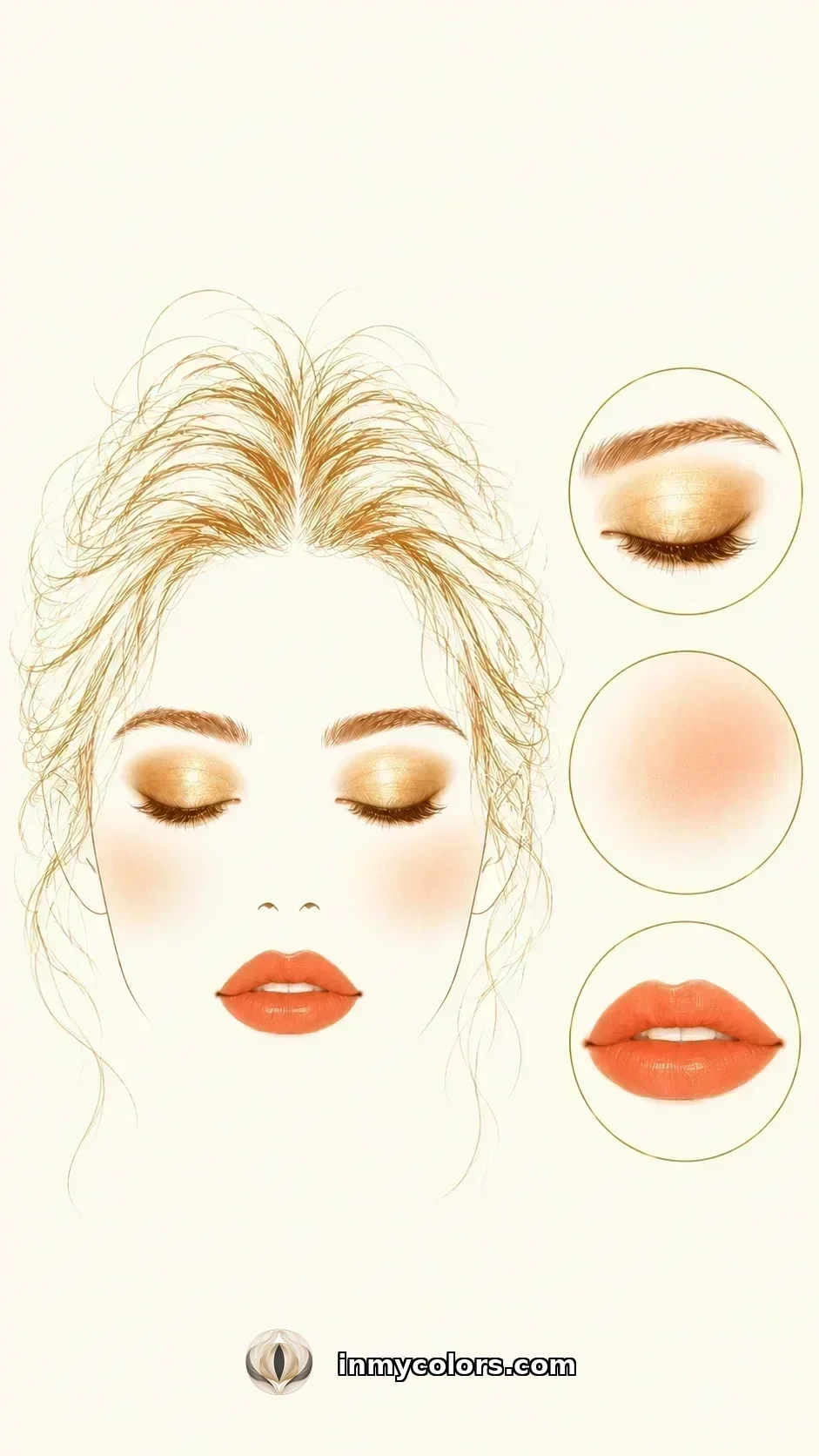 True Spring makeup palette with warm coral blush, peachy lip, golden bronze eyeshadow, and warm brown mascara swatches