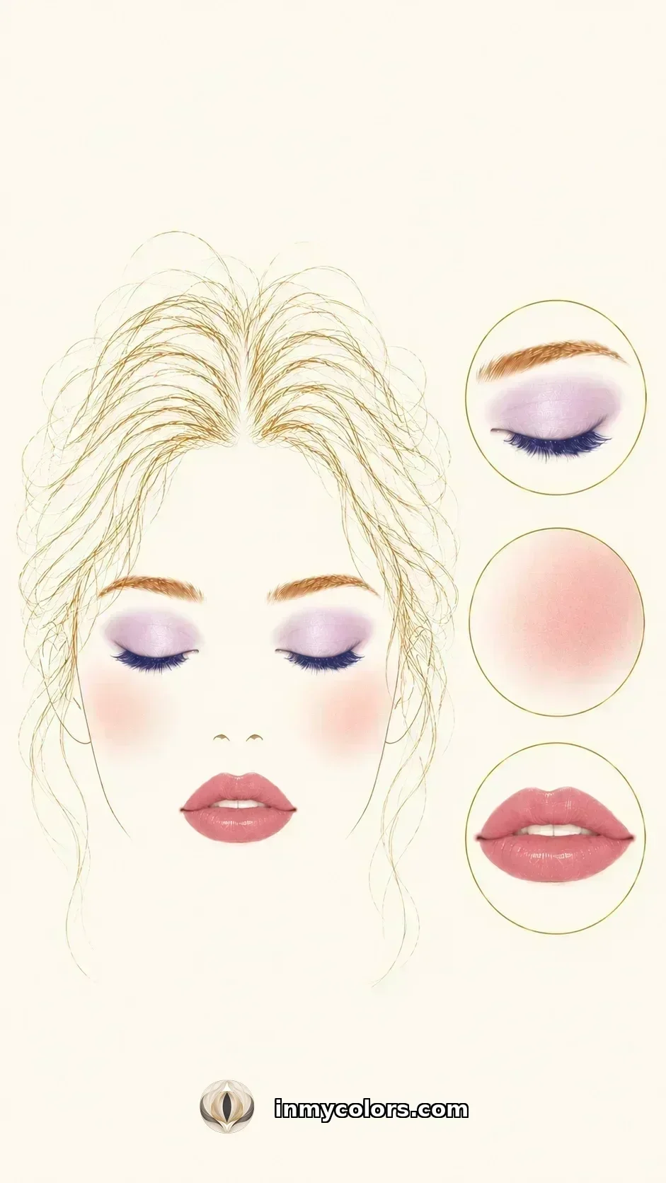 Light Summer makeup palette with palest cool pink blush, soft cool pink lip, icy grey-lavender eyeshadow swatches