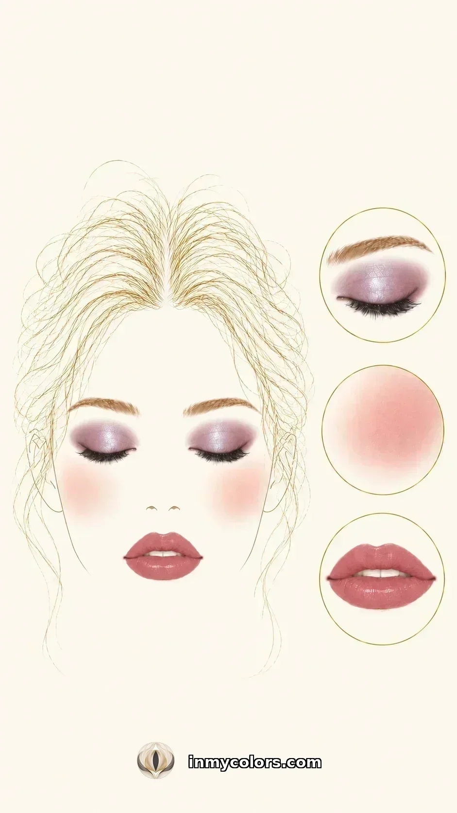 Soft Summer makeup palette with dusty mauve blush, dusty plum lip, greyed taupe eyeshadow swatches