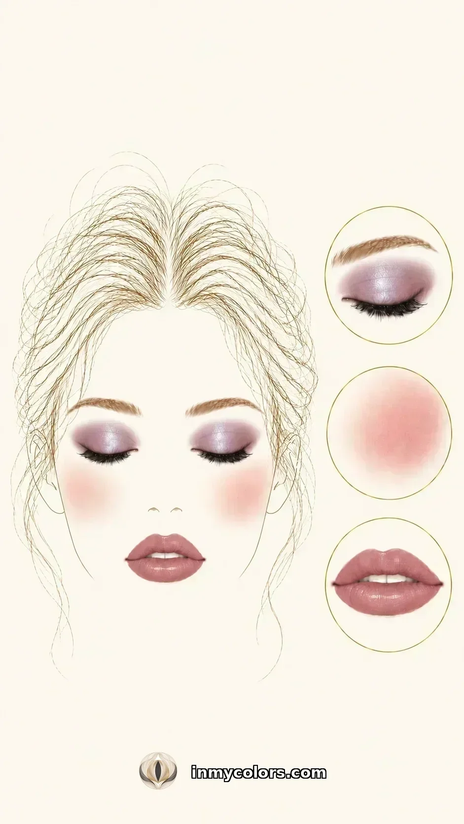 True Summer makeup palette with cool rose blush, mauve lip, cool taupe and lavender eyeshadow swatches