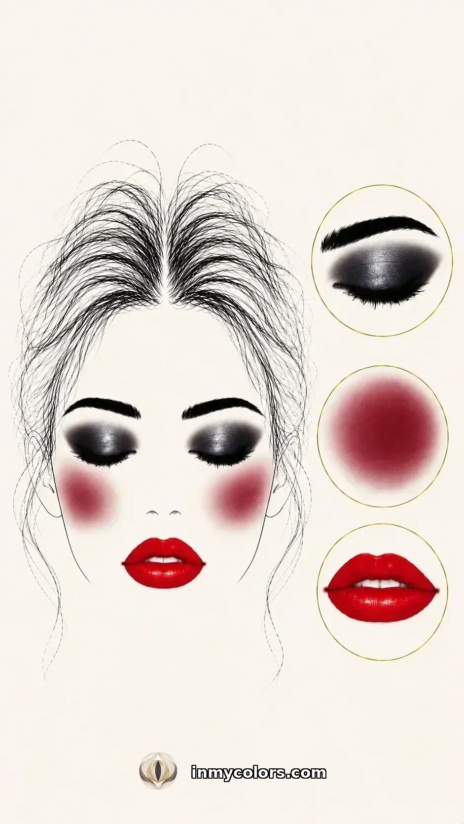 Bright Winter makeup palette with vivid cool pink blush, electric fuchsia lip, and vivid cool eyeshadow swatches
