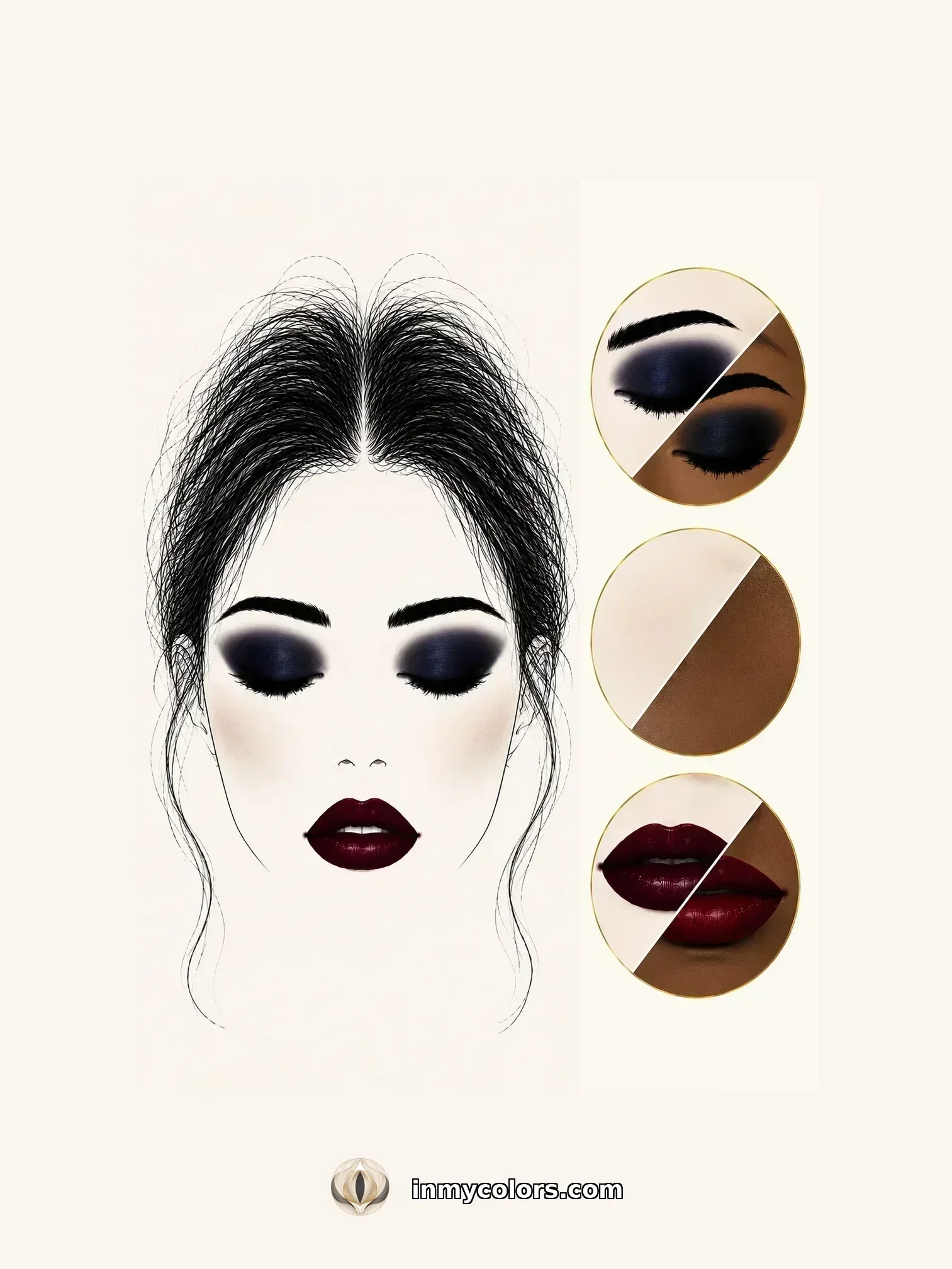 Deep Winter makeup palette with deep berry blush, deep burgundy or cool plum lip, very deep charcoal eyeshadow swatches