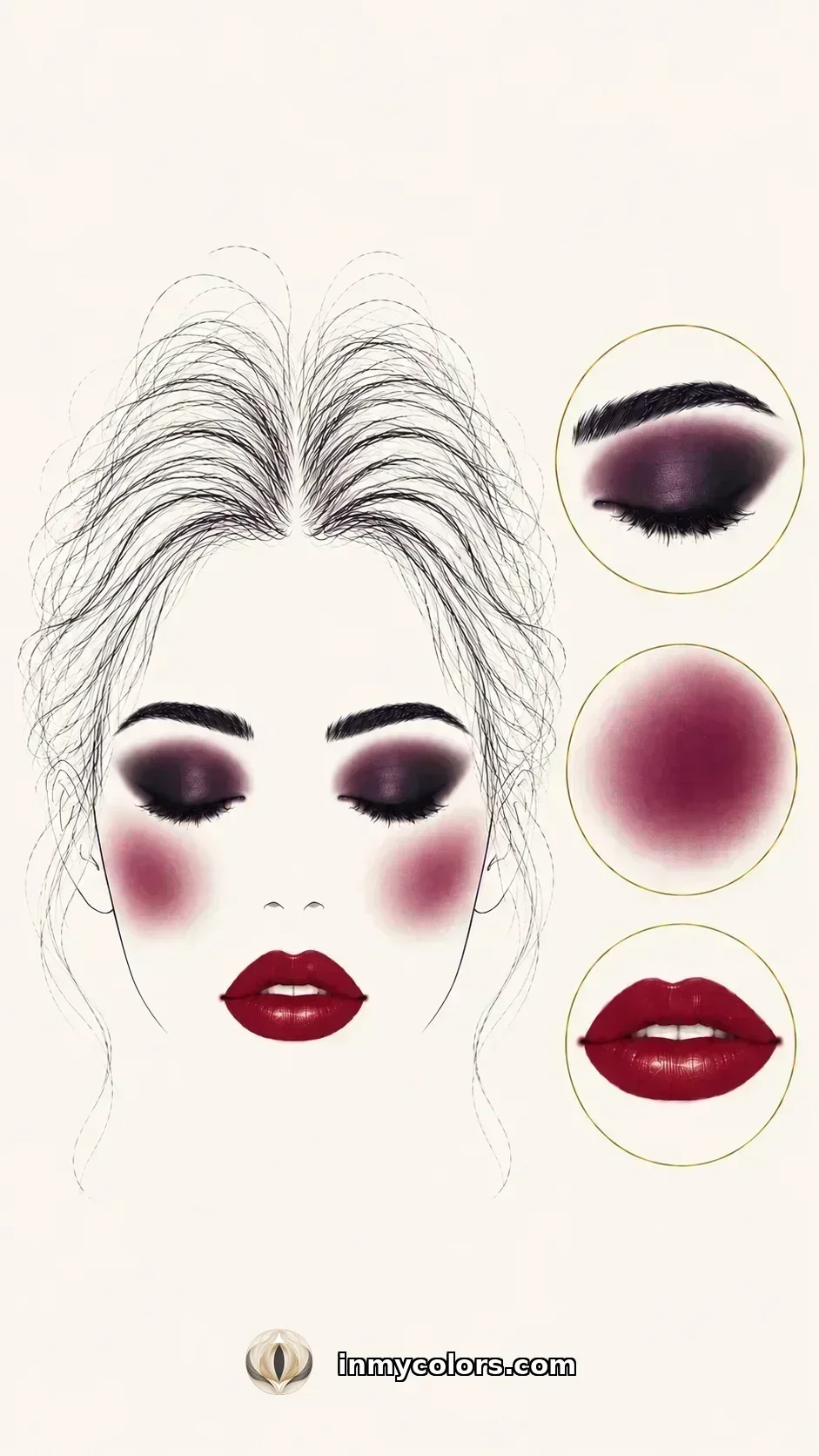 True Winter makeup palette with cool rose blush, cool red or berry lip, cool charcoal and navy eyeshadow swatches