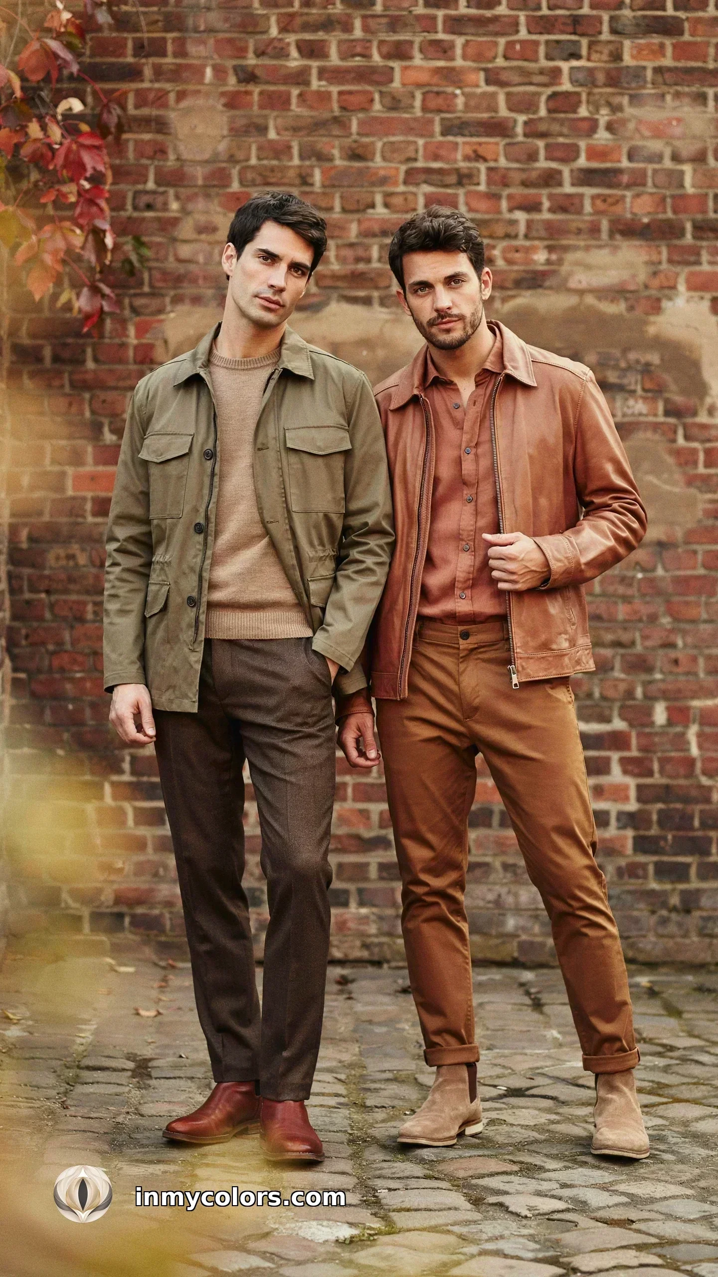 Men's Autumn colour season palette — terracotta, rust, warm olive, cognac, and deep teal wardrobe colours