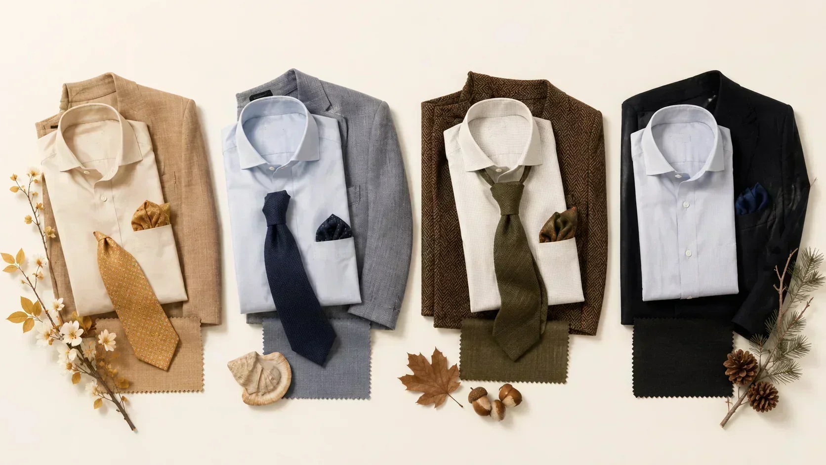 Men's colour analysis showing four seasonal suit and shirt swatch sets — warm beige Spring, cool grey Summer, warm brown Autumn, black Winter