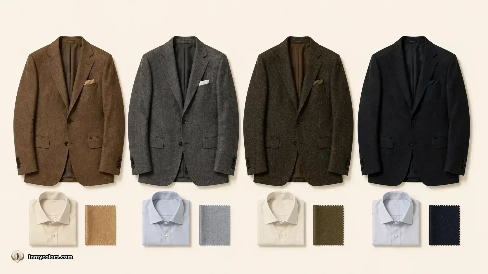 Men's seasonal blazers in brown, charcoal, dark olive, and black with complementary shirt and fabric pairings for each colour season