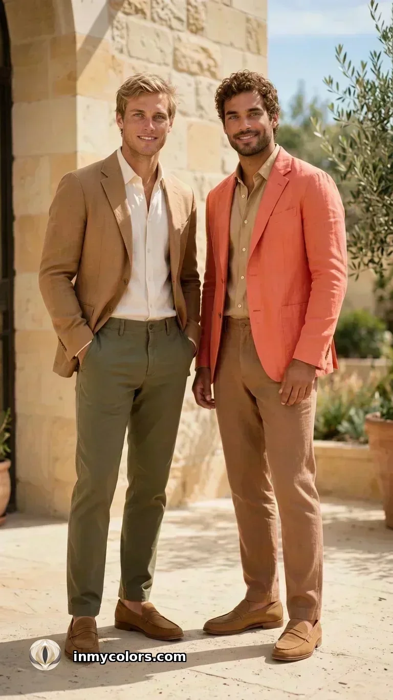 Men's Spring colour season palette — warm coral, golden camel, warm ivory, and fresh yellow-green wardrobe colours