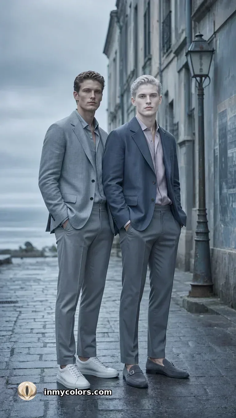 Men's Summer colour season palette — soft navy, dusty rose, cool grey, and powder blue wardrobe colours