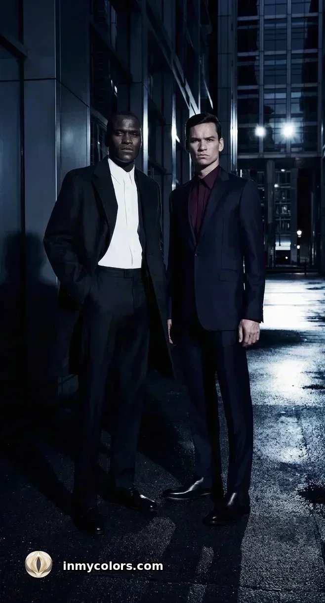 Men's Winter colour season palette — true black, bright white, cobalt blue, cool red, and deep burgundy wardrobe colours