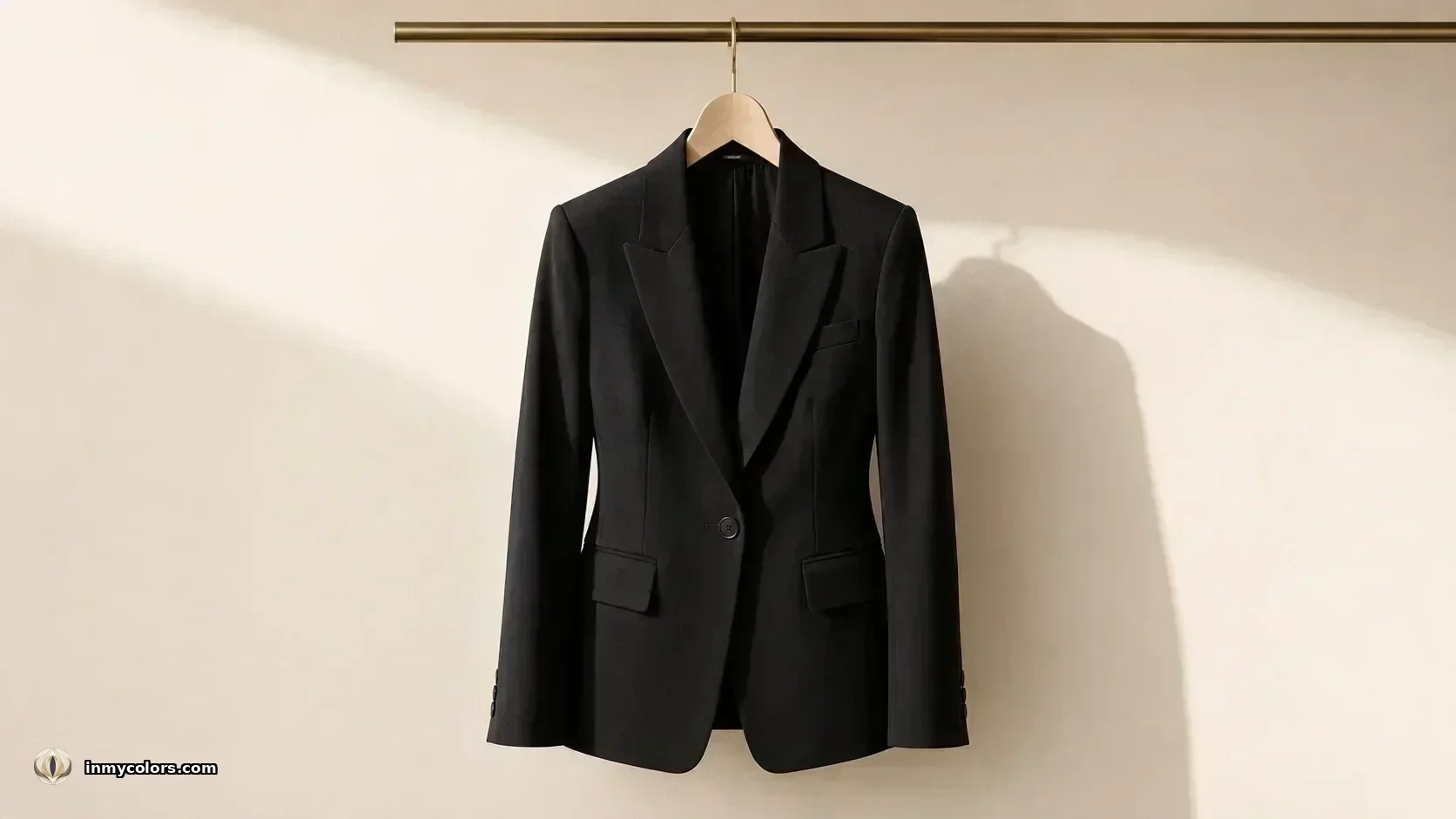 Structured black blazer on a hanger — psychology of wearing black, power dressing, minimalism, and fashion authority