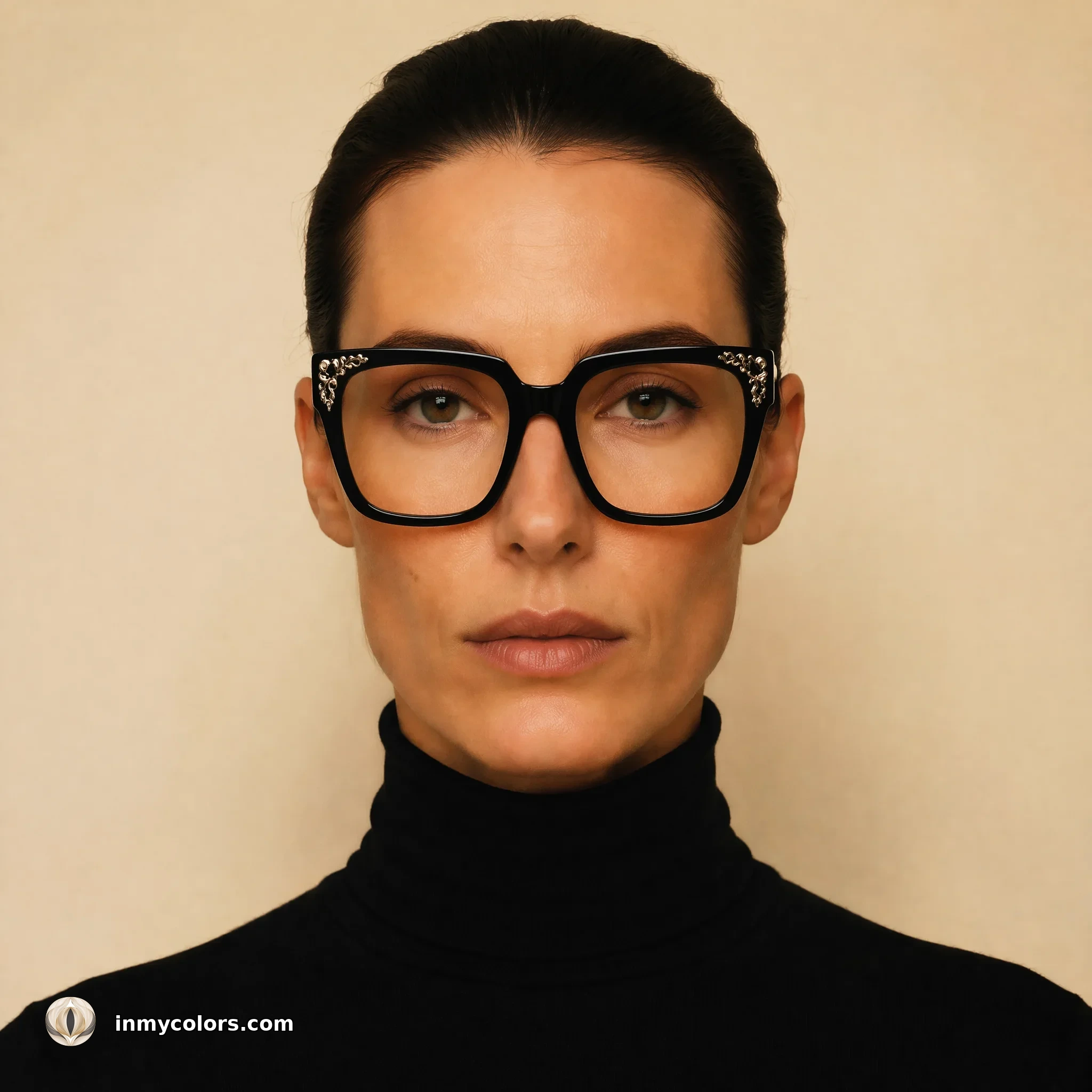 Rectangular face shape wearing oversized decorative frames with bold temples — recommended choice