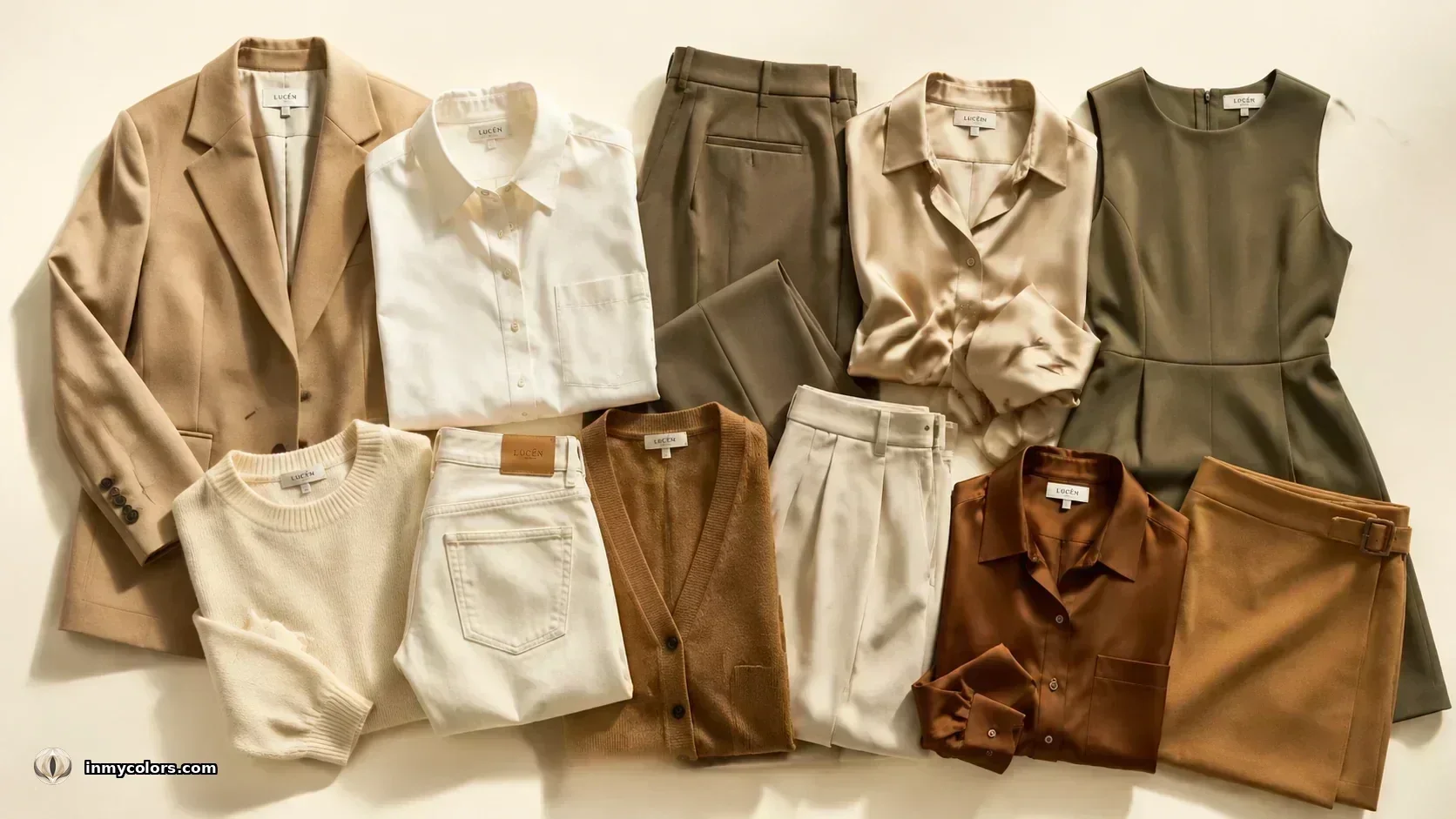 Autumn season capsule wardrobe — ten pieces in camel, olive, and rust tones neatly folded or hanging