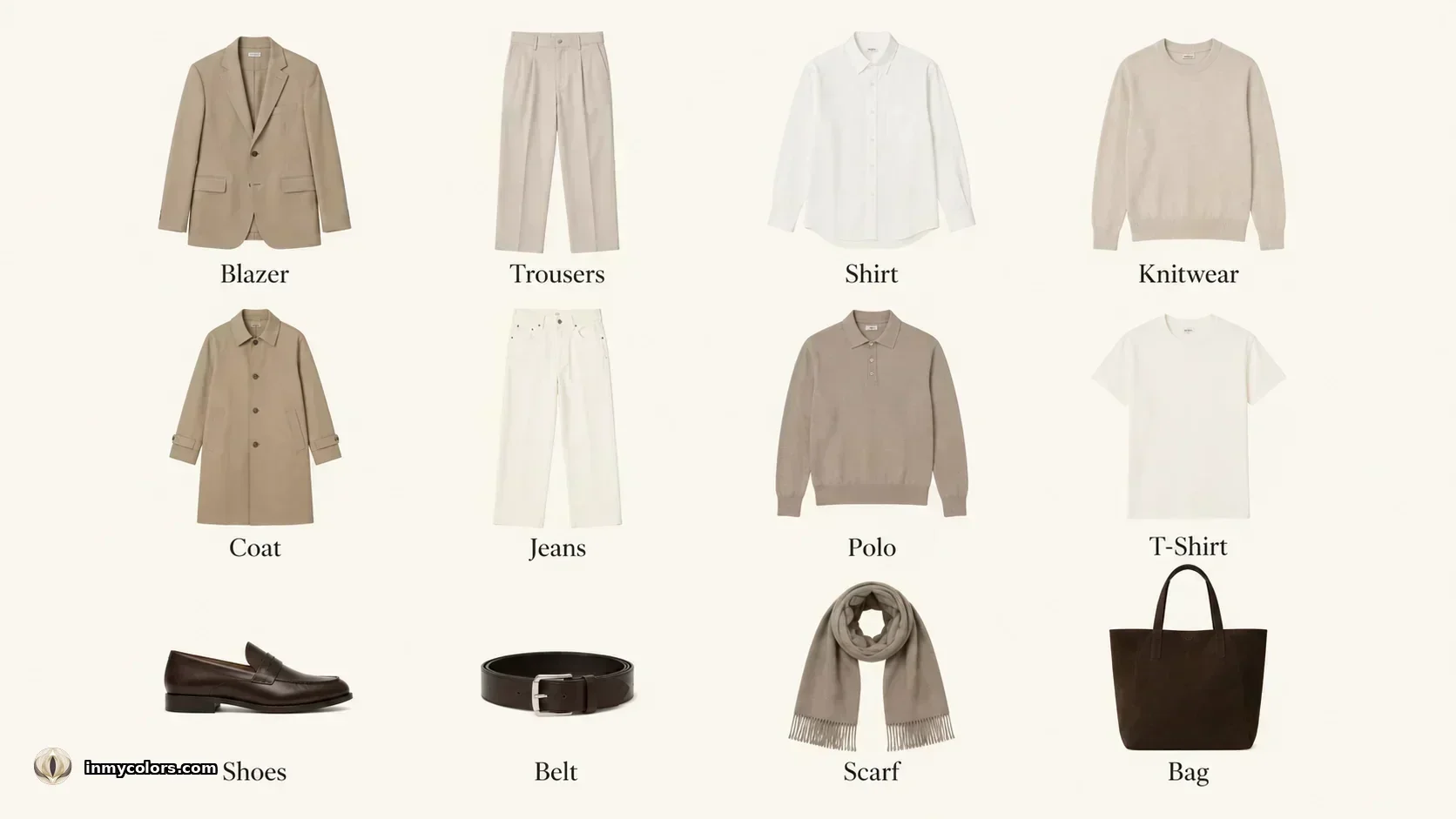 Men's capsule wardrobe showing 12 essential pieces in seasonal neutral tones — blazer, coat, trousers, shirts, shoes