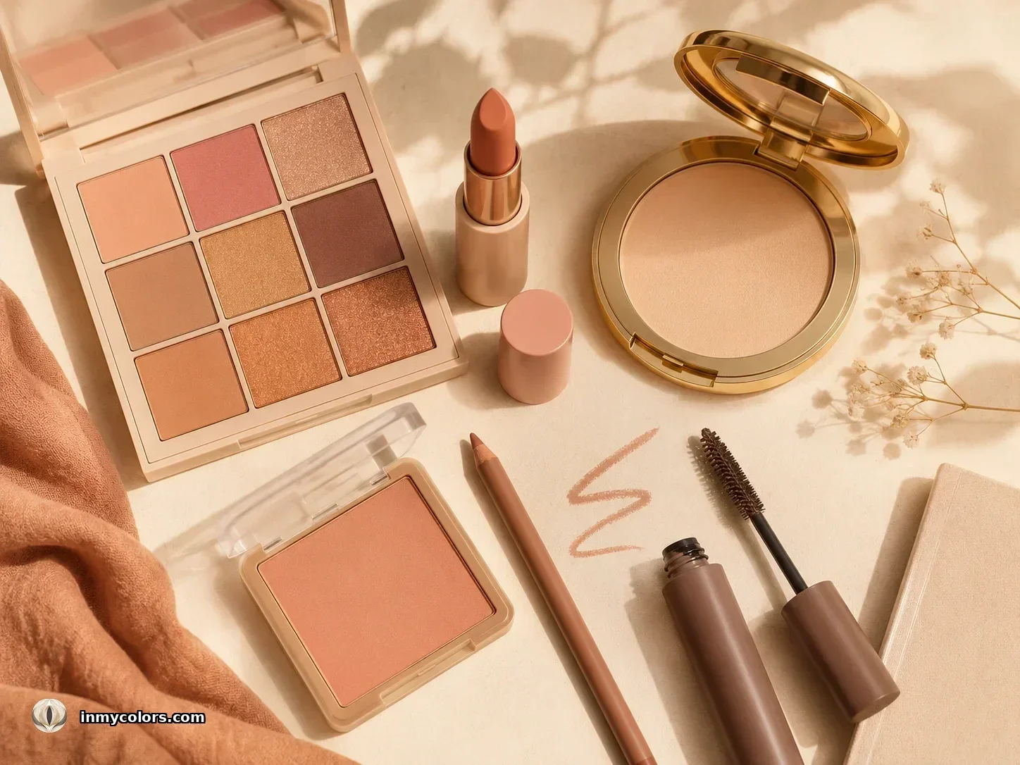 Soft Autumn makeup flat-lay — warm peachy eyeshadow palette, dusty peach lipstick, warm nude lip liner, peach-beige blush, brown mascara, gold compact