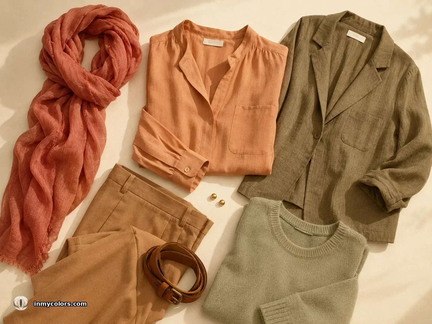 Soft Autumn wardrobe capsule flat-lay — dusty coral scarf, peach linen blouse, muted olive blazer, camel trousers, tan belt, gold pearl studs, warm sage knit